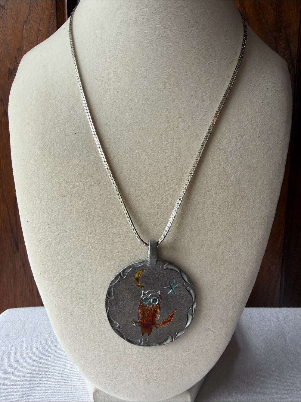 Hand Engraved Pewter Owl Pendant Necklace Celestial Moon Star